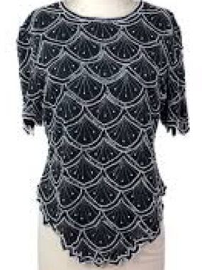VTG! NWT!!! Woman’s Laurence Kazar Black Beaded Scallop-Pattern Short Sleeve Top